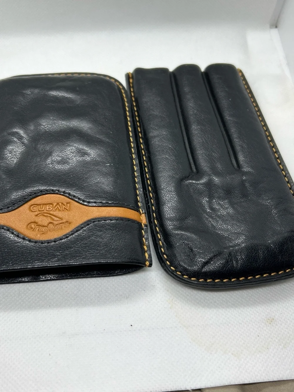Black and Tan Leather 3 finger Cigar Case Cuban Crafters vintage smoking gift